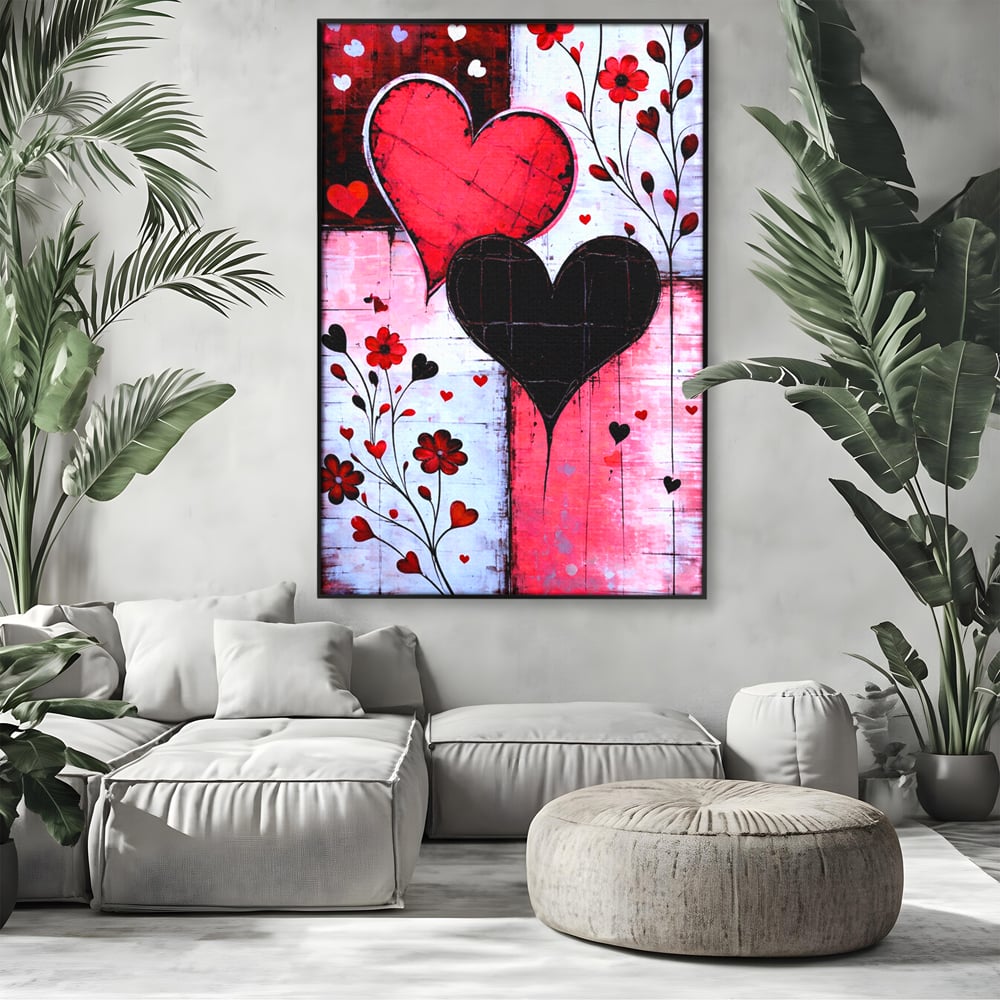 Tablou canvas cu tablou canvas cu inimi si flori, in rama de aluminiu negru, pe perete intr-un living